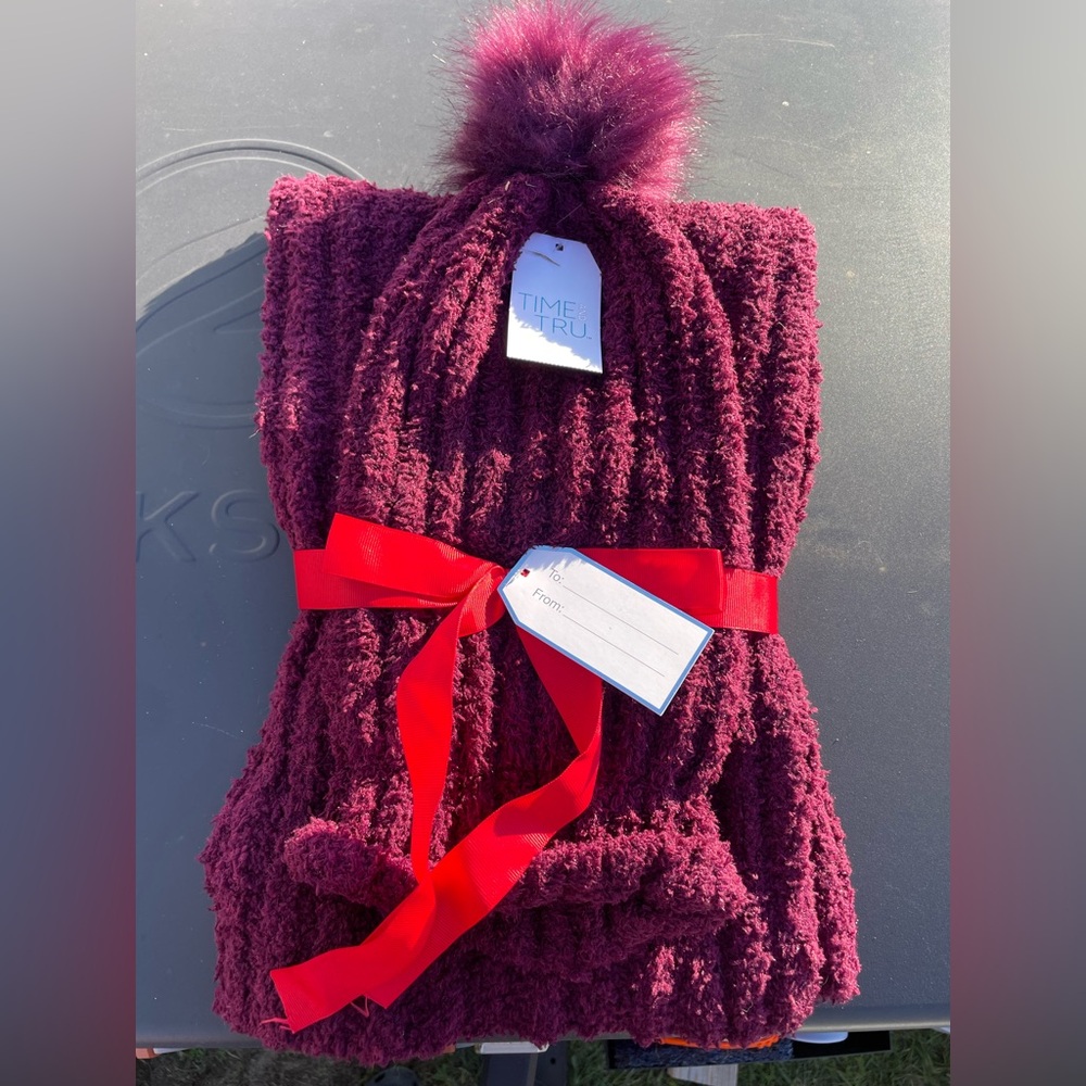 Time and Tru Deep Purple Scarf with Red Ribbon